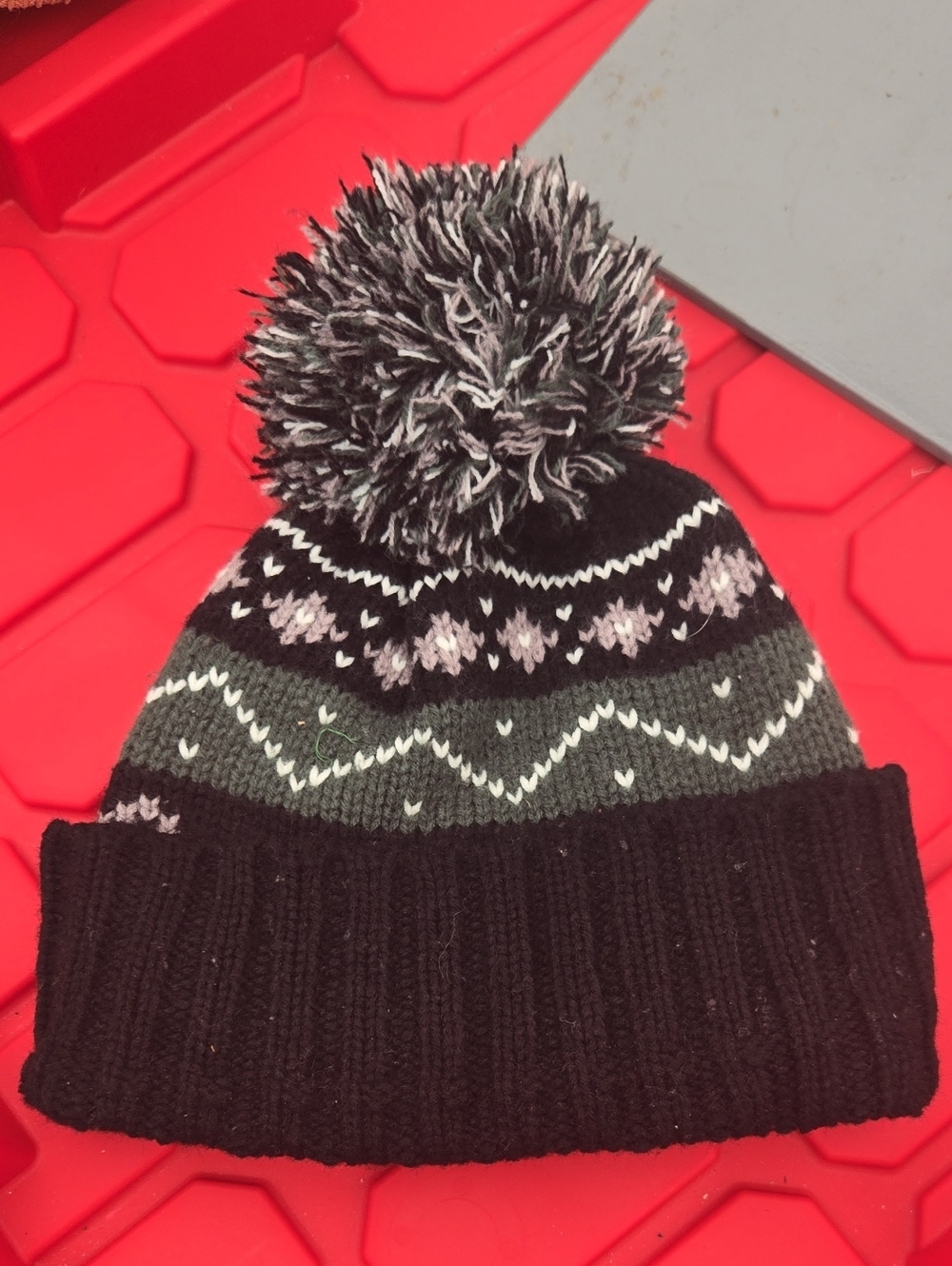 Source Unknown Black, Gray & Pink Pom-Pom Knit Beanie